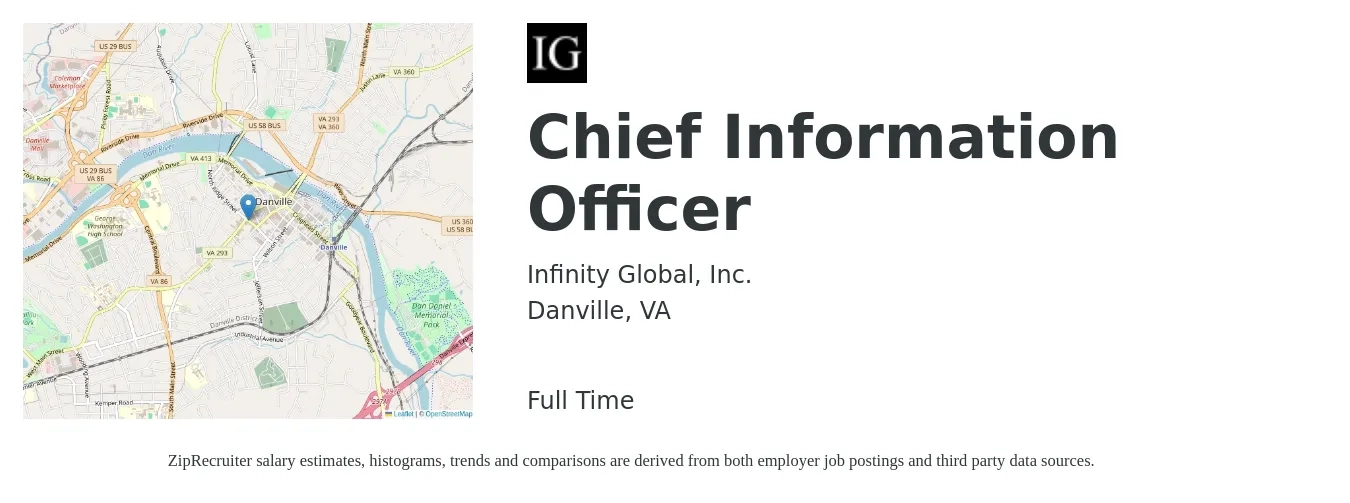 Infinity Global, Inc. job posting for a Chief Information Officer in Danville, VA with a salary of $124,600 to $187,900 Yearly with a map of Danville location.