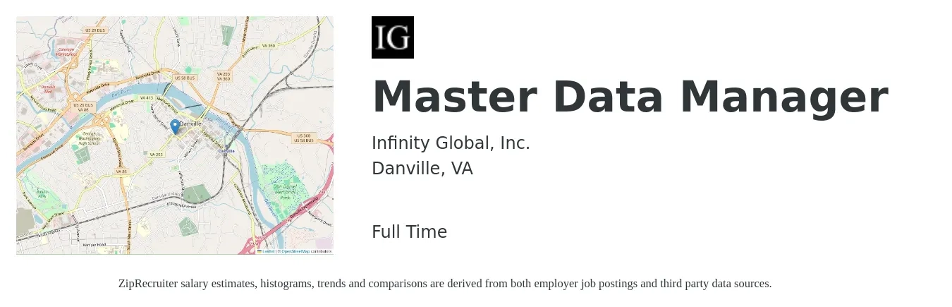 Infinity Global, Inc. job posting for a Master Data Manager in Danville, VA with a salary of $65,800 to $125,100 Yearly with a map of Danville location.