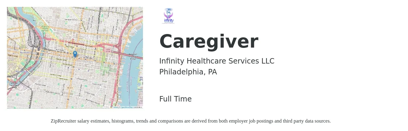 Infinity Healthcare Services LLC job posting for a Caregiver in Philadelphia, PA with a salary of $12 to $16 Hourly with a map of Philadelphia location.