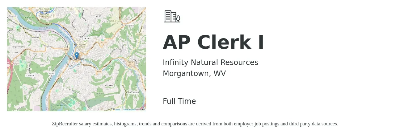 Infinity Natural Resources job posting for a AP Clerk I in Morgantown, WV with a salary of $20 to $25 Hourly with a map of Morgantown location.