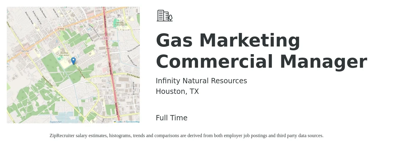 Infinity Natural Resources job posting for a Gas Marketing Commercial Manager in Houston, TX with a salary of $57,300 to $93,500 Yearly with a map of Houston location.