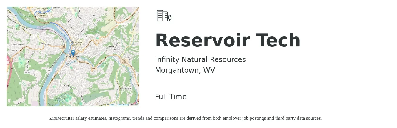 Infinity Natural Resources job posting for a Reservoir Tech in Morgantown, WV with a salary of $24 to $27 Hourly with a map of Morgantown location.