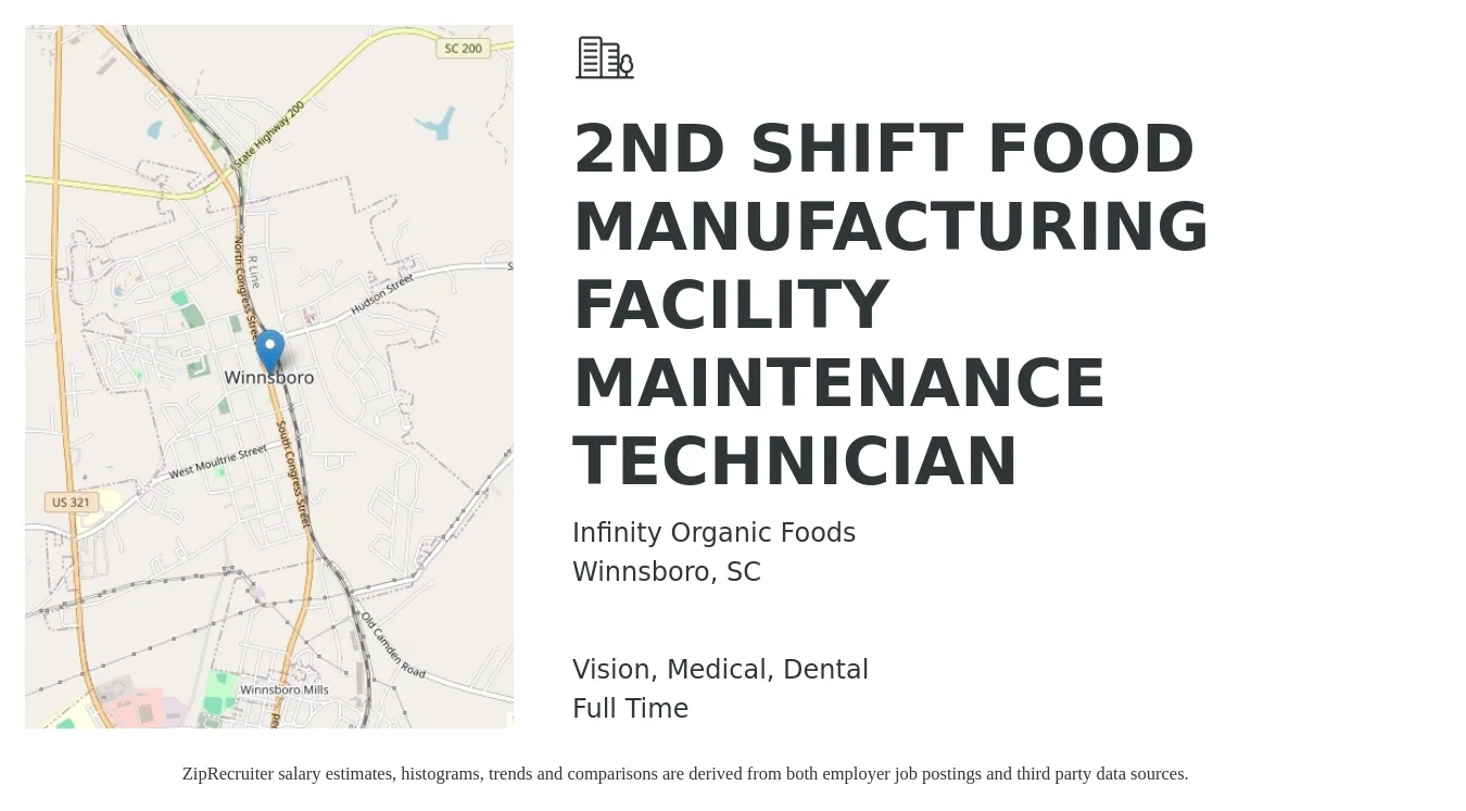 Infinity Organic Foods job posting for a 2ND SHIFT FOOD MANUFACTURING FACILITY MAINTENANCE TECHNICIAN in Winnsboro, SC with a salary of $18 to $26 Hourly and benefits including dental, life_insurance, medical, pto, and vision with a map of Winnsboro location.