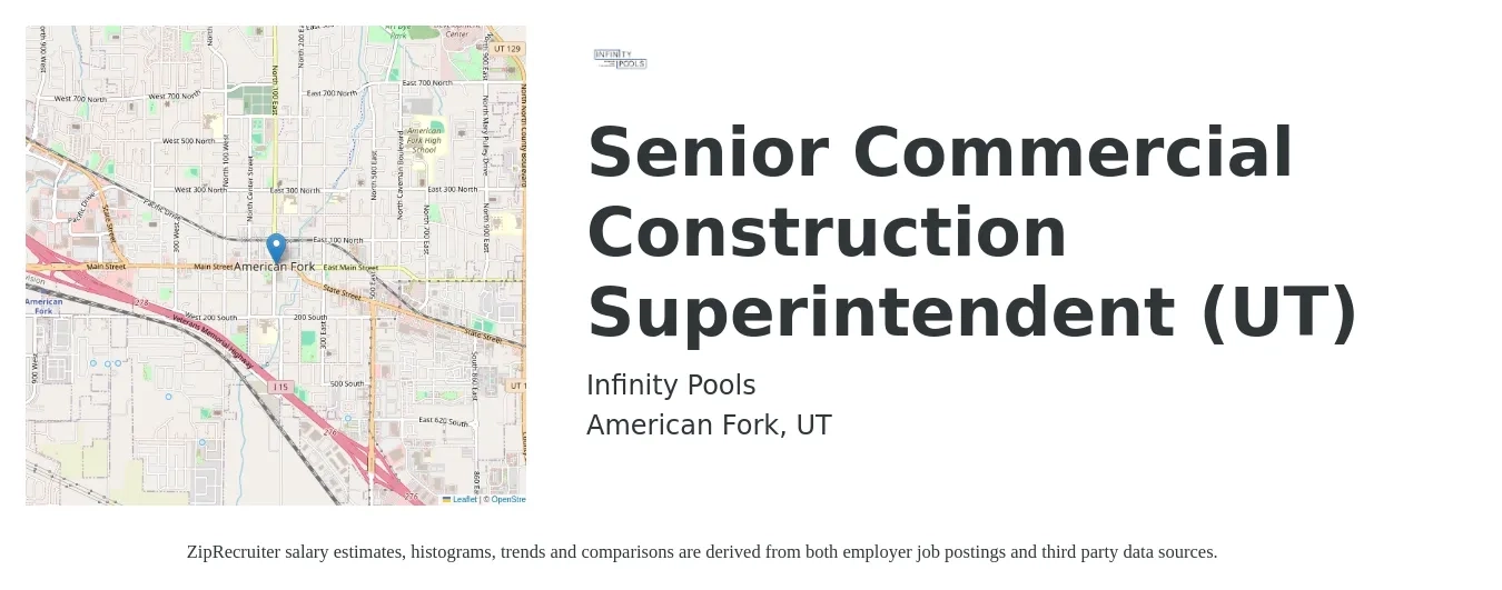 Infinity Pools job posting for a Senior Commercial Construction Superintendent (UT) in American Fork, UT with a salary of $70 Hourly with a map of American Fork location.