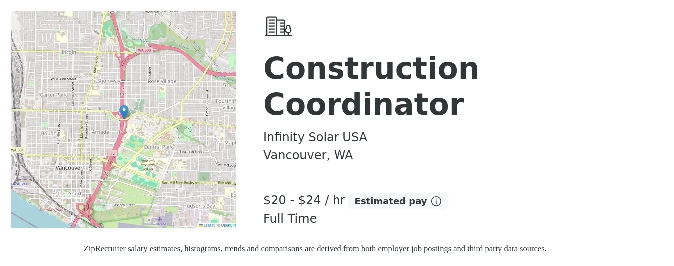 Infinity Solar USA job posting for a Construction Coordinator in Vancouver, WA with a salary of $21 to $25 Hourly with a map of Vancouver location.