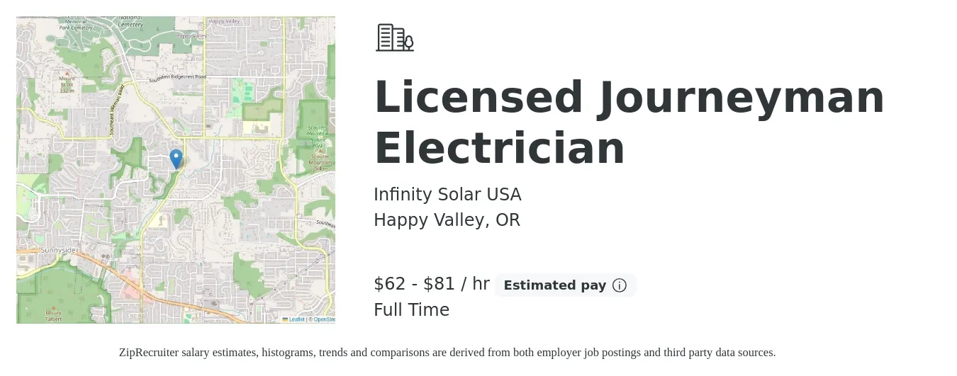 Infinity Solar USA job posting for a Licensed Journeyman Electrician in Happy Valley, OR with a salary of $65 to $85 Hourly with a map of Happy Valley location.