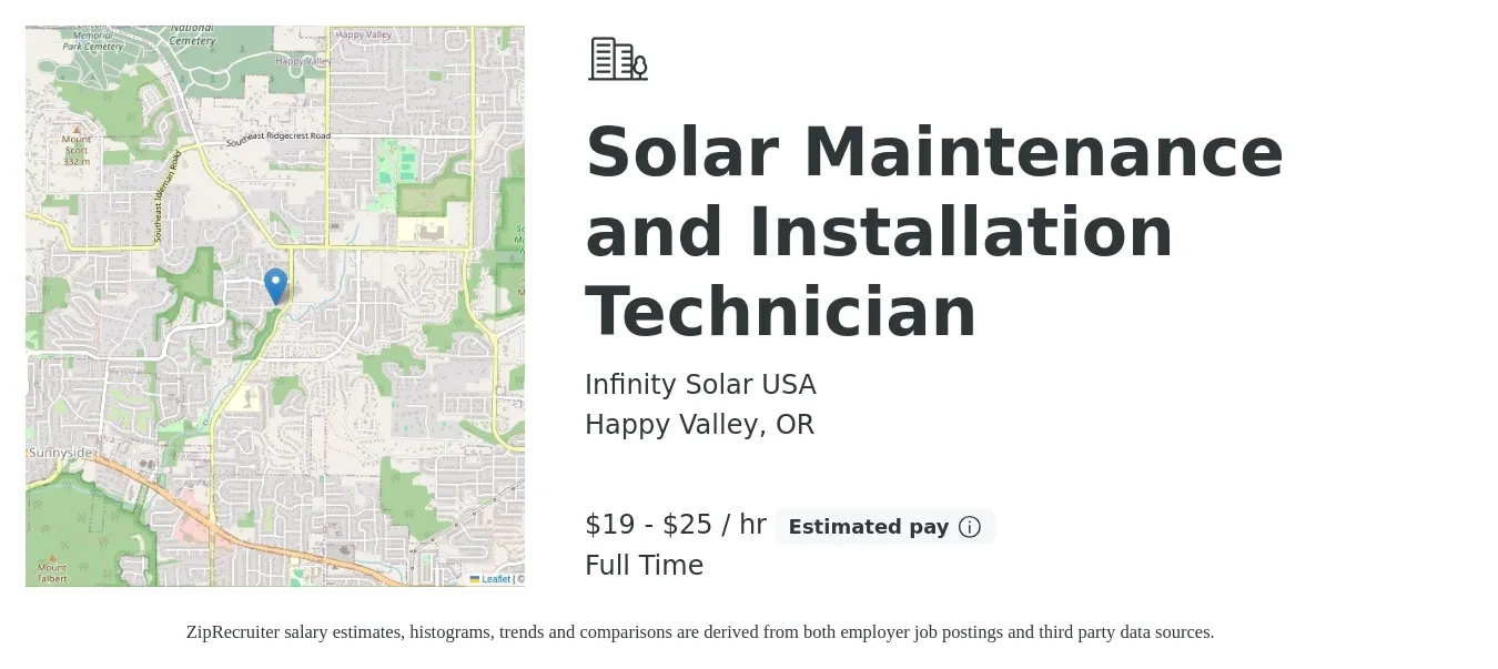Infinity Solar USA job posting for a Solar Maintenance and Installation Technician in Happy Valley, OR with a salary of $20 to $27 Hourly with a map of Happy Valley location.