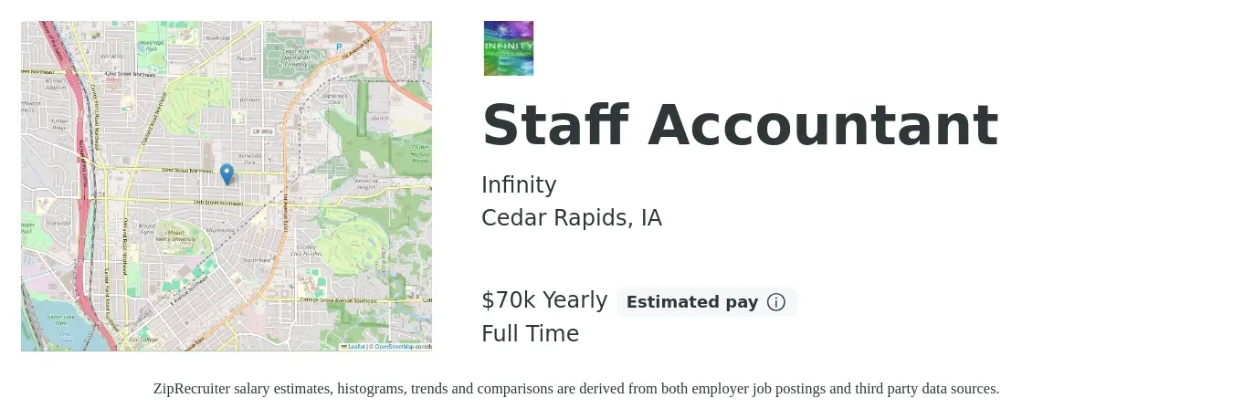 Infinity job posting for a Staff Accountant in Cedar Rapids, IA with a salary of $60,000 to $70,000 Yearly with a map of Cedar Rapids location.
