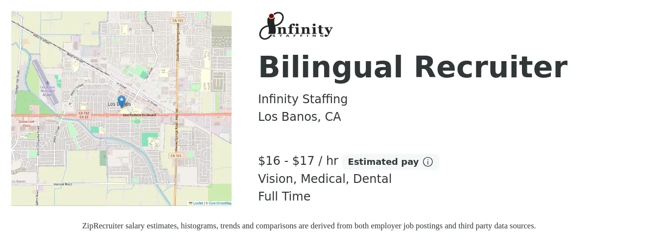 Infinity Staffing job posting for a Bilingual Recruiter in Los Banos, CA with a salary of $17 to $18 Hourly and benefits including life_insurance, medical, pto, retirement, vision, and dental with a map of Los Banos location.