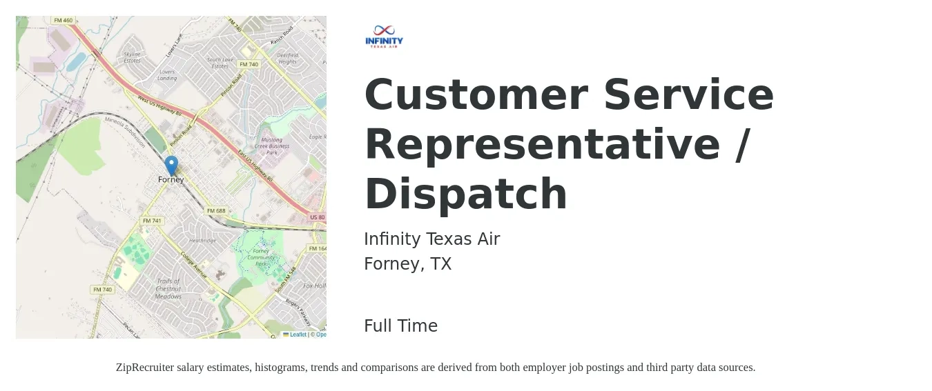 Infinity Texas Air job posting for a Customer Service Representative / Dispatch in Forney, TX with a salary of $14 to $20 Hourly with a map of Forney location.