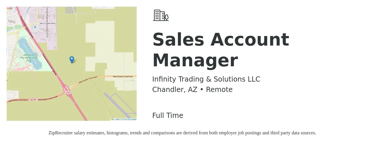 Infinity Trading & Solutions LLC job posting for a Sales Account Manager in Chandler, AZ with a salary of $50,100 to $79,400 Yearly with a map of Chandler location.