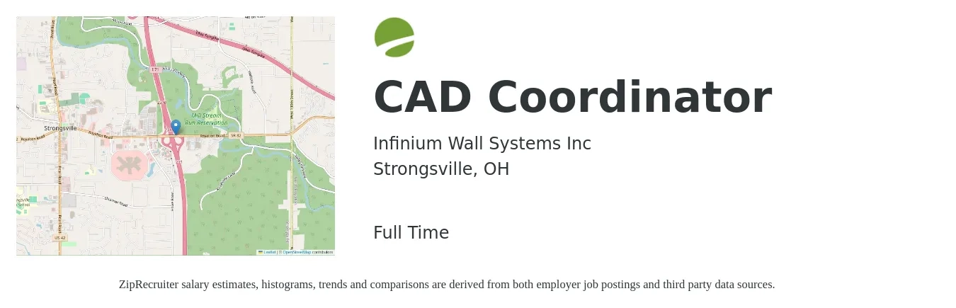 Infinium Wall Systems Inc job posting for a CAD Coordinator in Strongsville, OH with a salary of $21 to $28 Hourly with a map of Strongsville location.