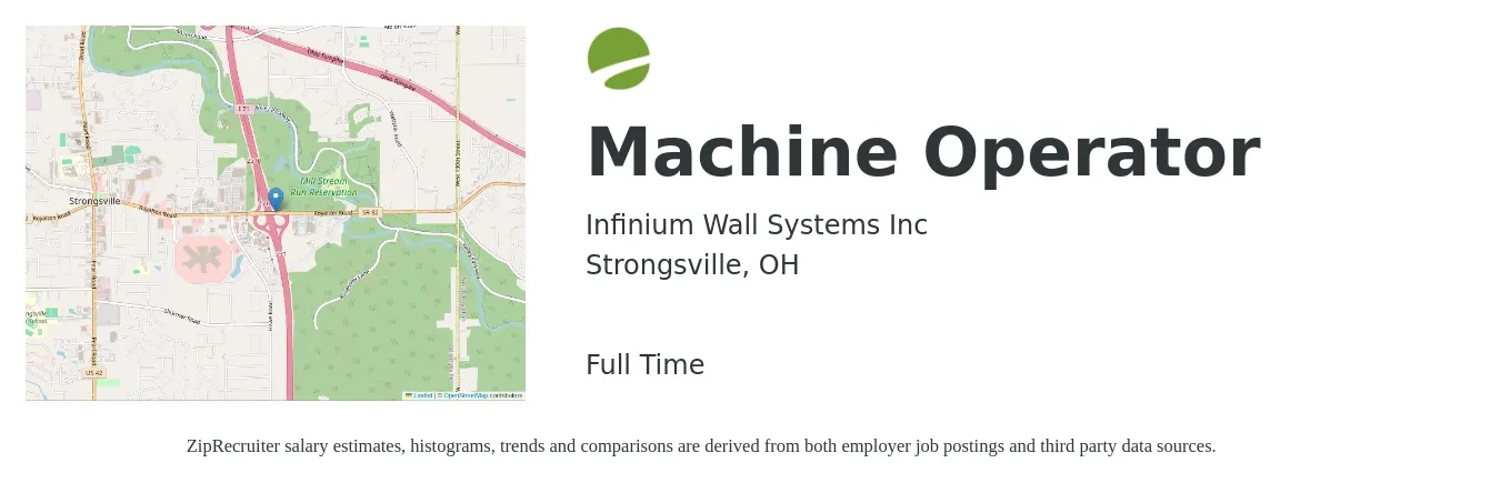 Infinium Wall Systems Inc job posting for a Machine Operator in Strongsville, OH with a salary of $16 to $19 Hourly with a map of Strongsville location.