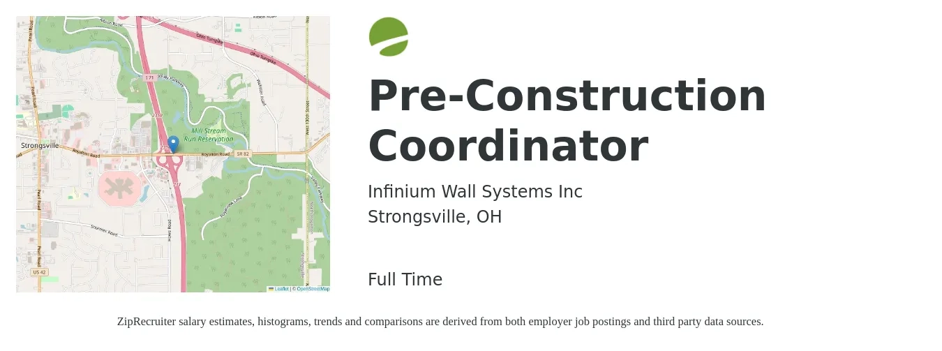Infinium Wall Systems Inc job posting for a Pre-Construction Coordinator in Strongsville, OH with a salary of $20 to $32 Hourly with a map of Strongsville location.