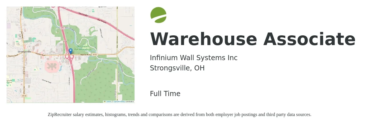 Infinium Wall Systems Inc job posting for a Warehouse Associate in Strongsville, OH with a salary of $15 to $18 Hourly with a map of Strongsville location.