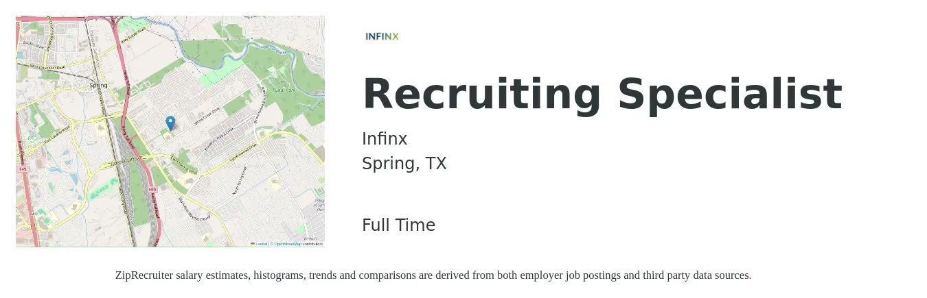 Infinx job posting for a Recruiting Specialist in Spring, TX with a salary of $18 to $27 Hourly with a map of Spring location.