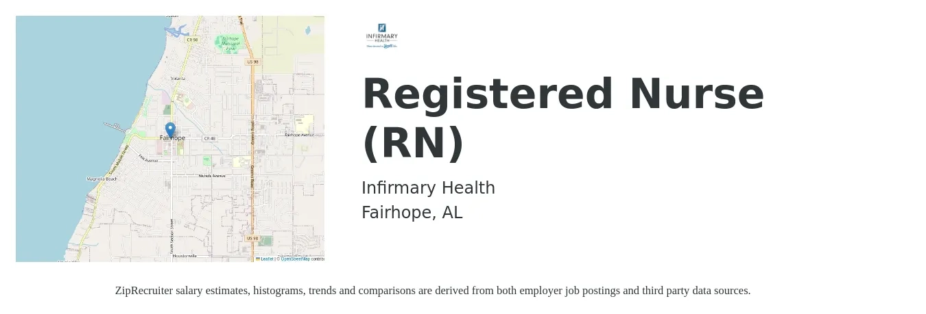 Infirmary Health job posting for a Registered Nurse (RN) in Fairhope, AL with a salary of $29 to $46 Hourly with a map of Fairhope location.