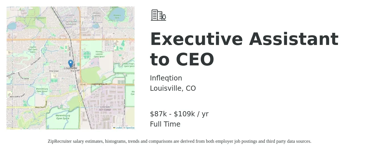 Infleqtion job posting for a Executive Assistant to CEO in Louisville, CO with a salary of $87,400 to $109,000 Yearly with a map of Louisville location.
