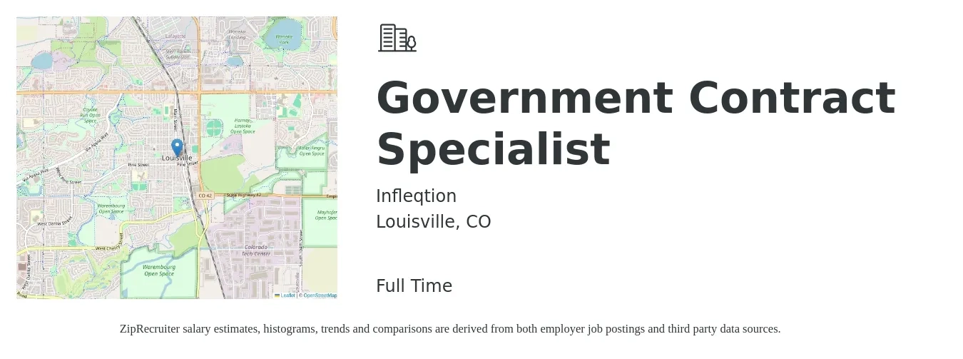 Infleqtion job posting for a Government Contract Specialist in Louisville, CO with a salary of $59,600 to $102,900 Yearly with a map of Louisville location.