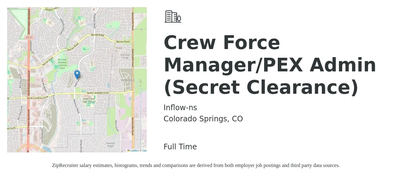 Inflow-ns job posting for a Crew Force Manager/PEX Admin (Secret Clearance) in Colorado Springs, CO with a map of Colorado Springs location.