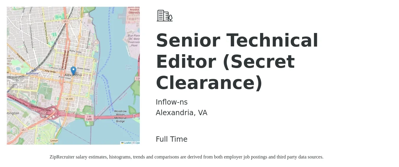 Inflow-ns job posting for a Senior Technical Editor (Secret Clearance) in Alexandria, VA with a salary of $93,400 to $147,400 Yearly with a map of Alexandria location.