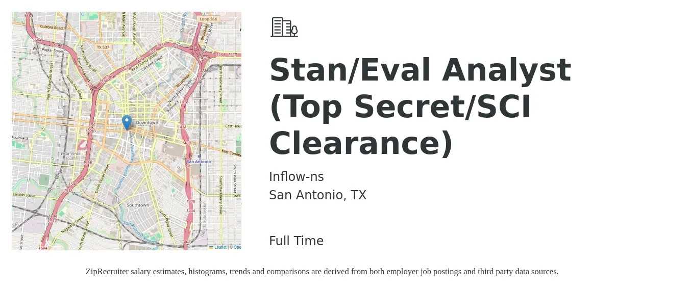 Inflow-ns job posting for a Stan/Eval Analyst (Top Secret/SCI Clearance) in San Antonio, TX with a map of San Antonio location.