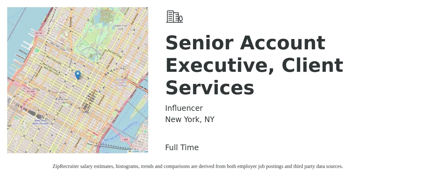 Influencer job posting for a Senior Account Executive, Client Services in New York, NY with a salary of $84,400 to $129,300 Yearly with a map of New York location.