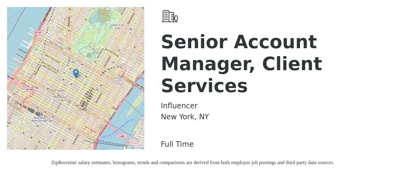 Influencer job posting for a Senior Account Manager, Client Services in New York, NY with a salary of $84,900 to $133,700 Yearly with a map of New York location.