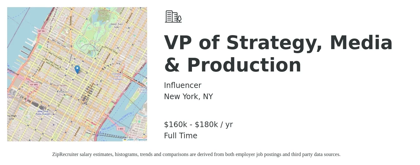 Influencer job posting for a VP of Strategy, Media & Production in New York, NY with a salary of $160,000 to $180,000 Yearly with a map of New York location.