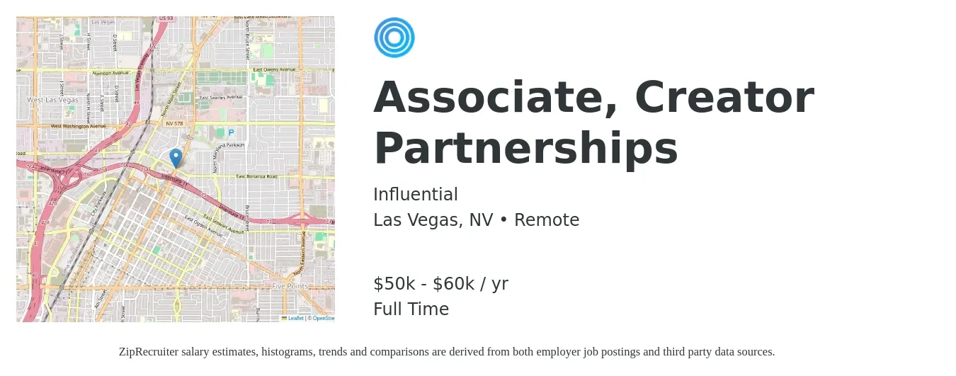 Influential job posting for a Associate, Creator Partnerships in Las Vegas, NV with a salary of $50,000 to $60,000 Yearly with a map of Las Vegas location.