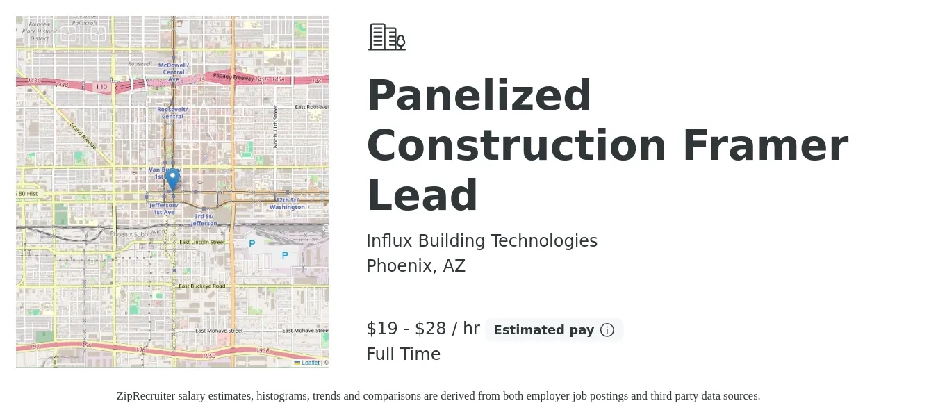 Influx Building Technologies job posting for a Panelized Construction Framer Lead in Phoenix, AZ with a salary of $20 to $30 Hourly with a map of Phoenix location.