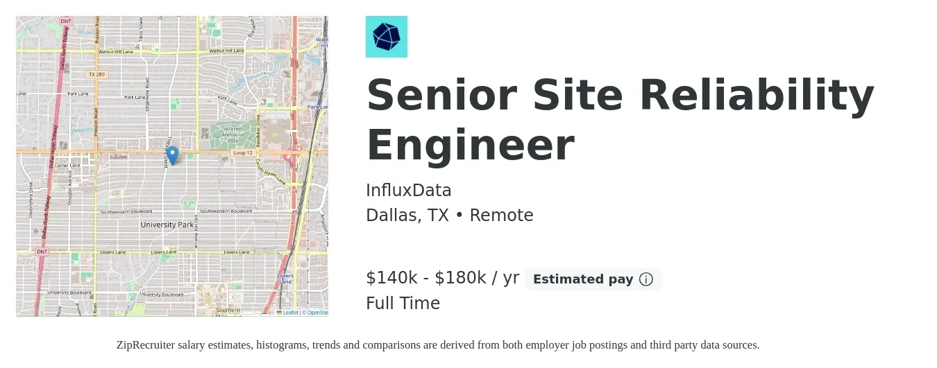 InfluxData job posting for a Senior Site Reliability Engineer in Dallas, TX with a salary of $140,000 to $180,000 Yearly with a map of Dallas location.