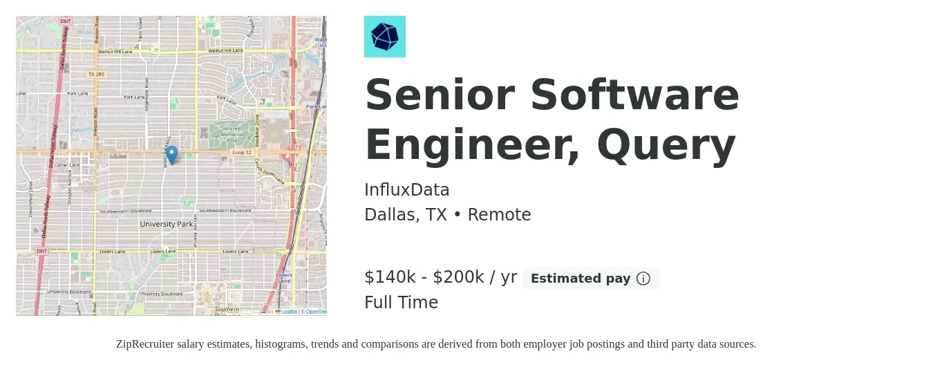 InfluxData job posting for a Senior Software Engineer, Query in Dallas, TX with a salary of $140,000 to $200,000 Yearly with a map of Dallas location.