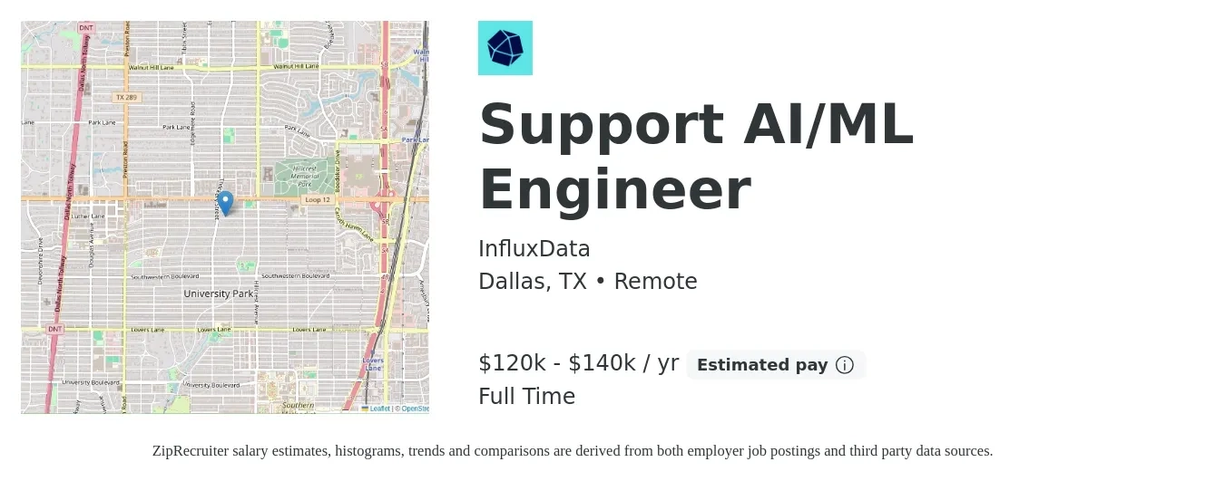 InfluxData job posting for a Support AI/ML Engineer in Dallas, TX with a salary of $120,000 to $140,000 Yearly with a map of Dallas location.