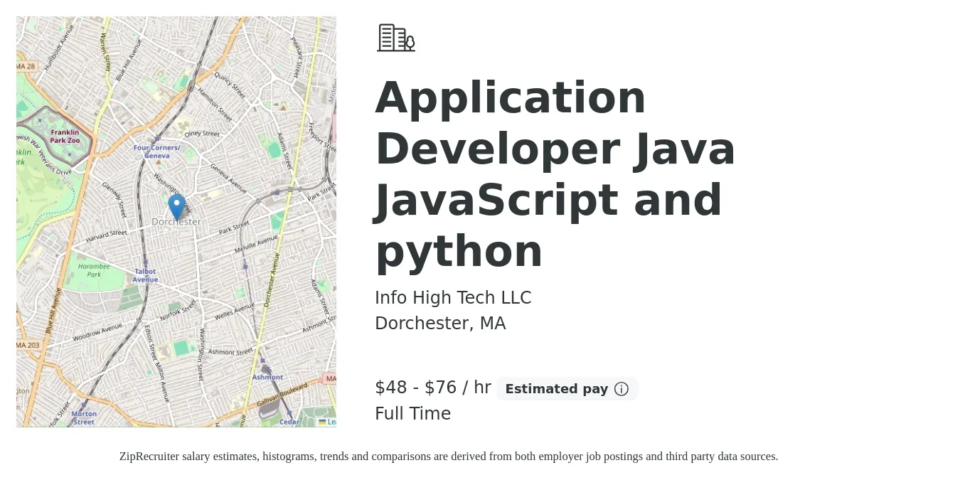 Info High Tech LLC job posting for a Application Developer Java JavaScript and python in Dorchester, MA with a salary of $50 to $80 Hourly with a map of Dorchester location.