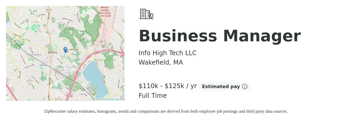 Info High Tech LLC job posting for a Business Manager in Wakefield, MA with a salary of $110,000 to $125,000 Yearly with a map of Wakefield location.