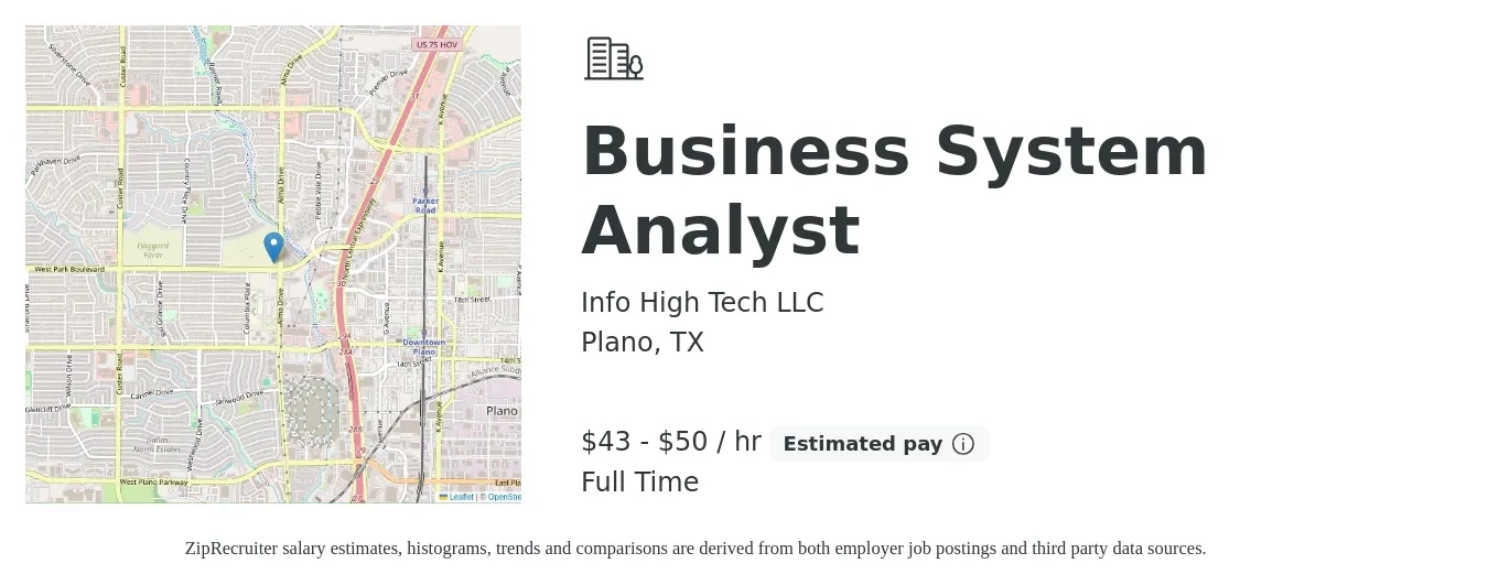 Info High Tech LLC job posting for a Business System Analyst in Plano, TX with a salary of $45 to $53 Hourly with a map of Plano location.