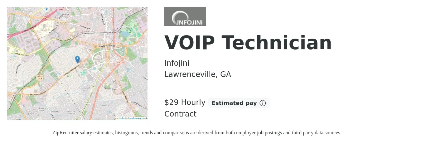 Infojini job posting for a VOIP Technician in Lawrenceville, GA with a salary of $31 Hourly with a map of Lawrenceville location.
