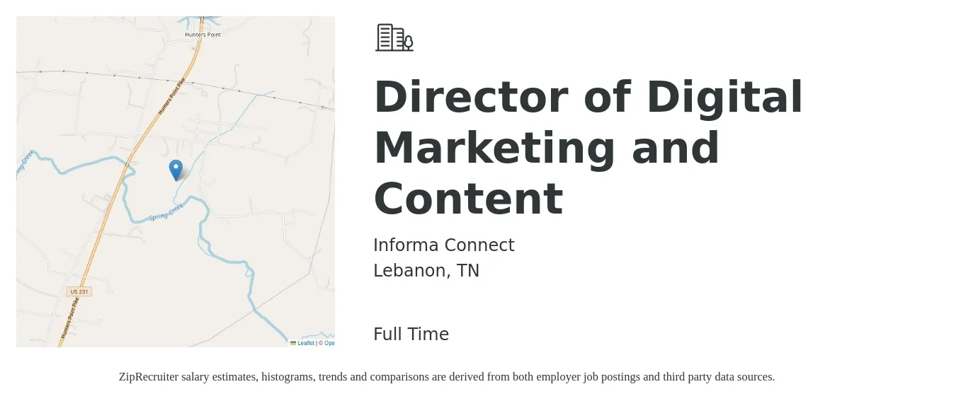 Informa Connect job posting for a Director of Digital Marketing and Content in Lebanon, TN with a salary of $82,900 to $143,800 Yearly with a map of Lebanon location.