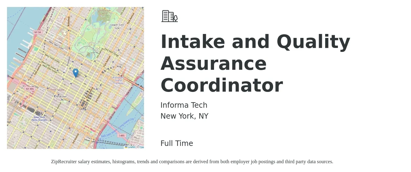 Informa Tech job posting for a Intake and Quality Assurance Coordinator in New York, NY with a salary of $20 to $27 Hourly with a map of New York location.