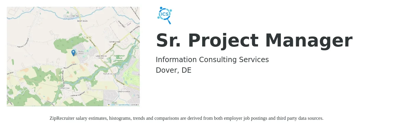 Information Consulting Services job posting for a Sr. Project Manager in Dover, DE with a salary of $82,200 to $115,900 Yearly with a map of Dover location.