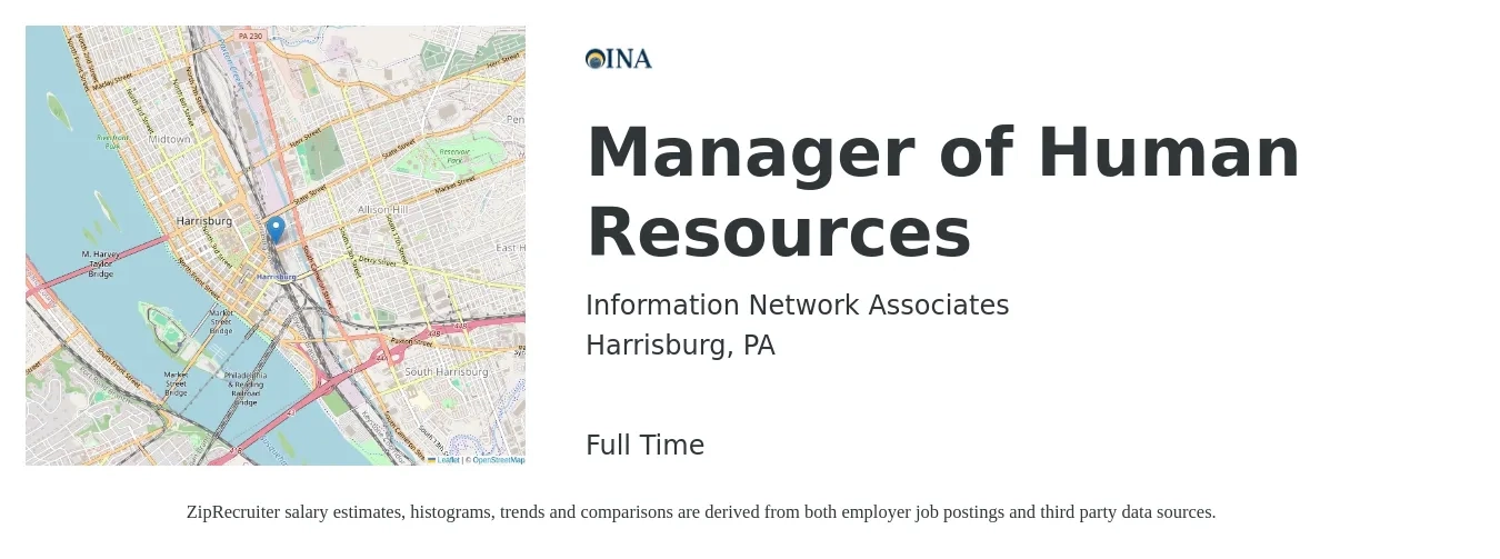 Information Network Associates job posting for a Manager of Human Resources in Harrisburg, PA with a salary of $60,000 to $67,000 Yearly with a map of Harrisburg location.
