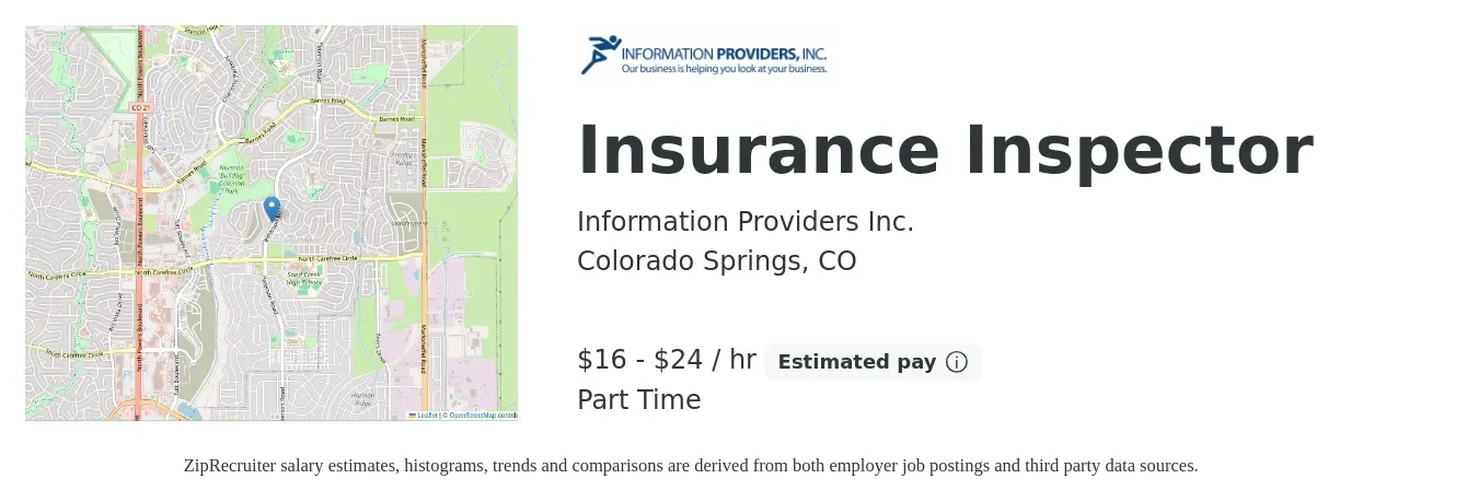 Information Providers Inc. job posting for a Insurance Inspector in Colorado Springs, CO with a salary of $17 to $25 Hourly with a map of Colorado Springs location.