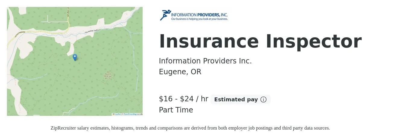 Information Providers Inc. job posting for a Insurance Inspector in Eugene, OR with a salary of $17 to $25 Hourly with a map of Eugene location.