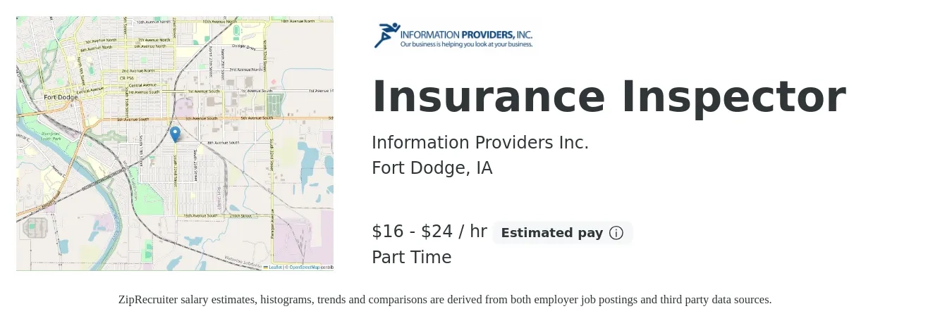 Information Providers Inc. job posting for a Insurance Inspector in Fort Dodge, IA with a salary of $17 to $25 Hourly with a map of Fort Dodge location.