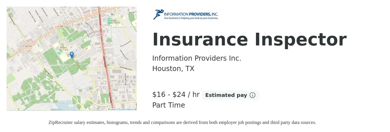 Information Providers Inc. job posting for a Insurance Inspector in Houston, TX with a salary of $17 to $25 Hourly with a map of Houston location.
