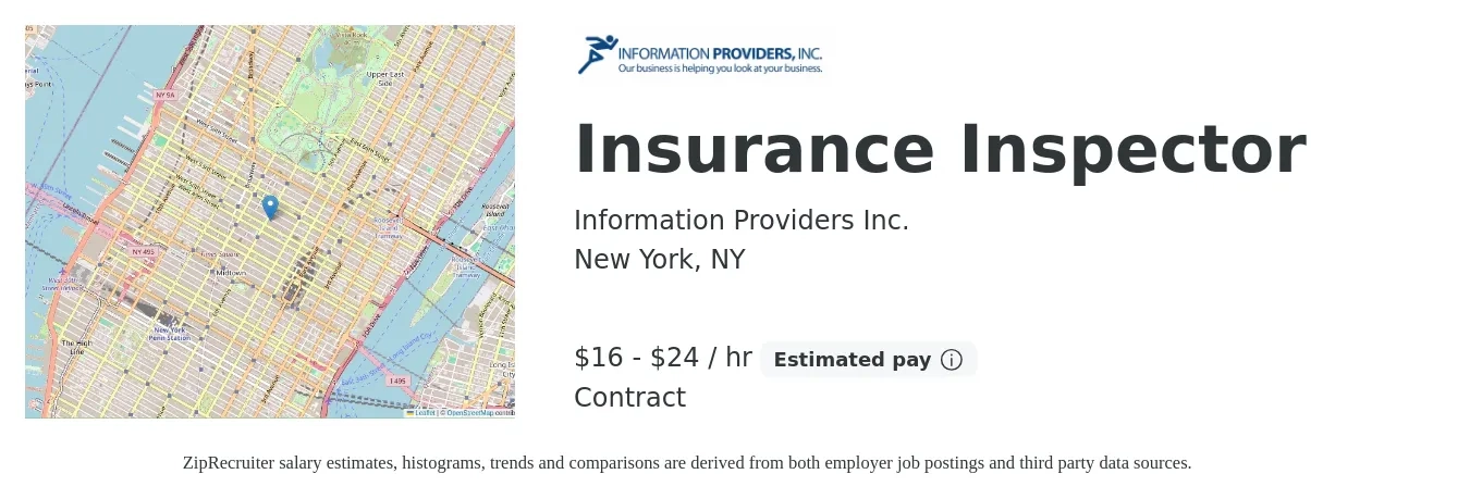 Information Providers Inc. job posting for a Insurance Inspector in New York, NY with a salary of $17 to $25 Hourly with a map of New York location.