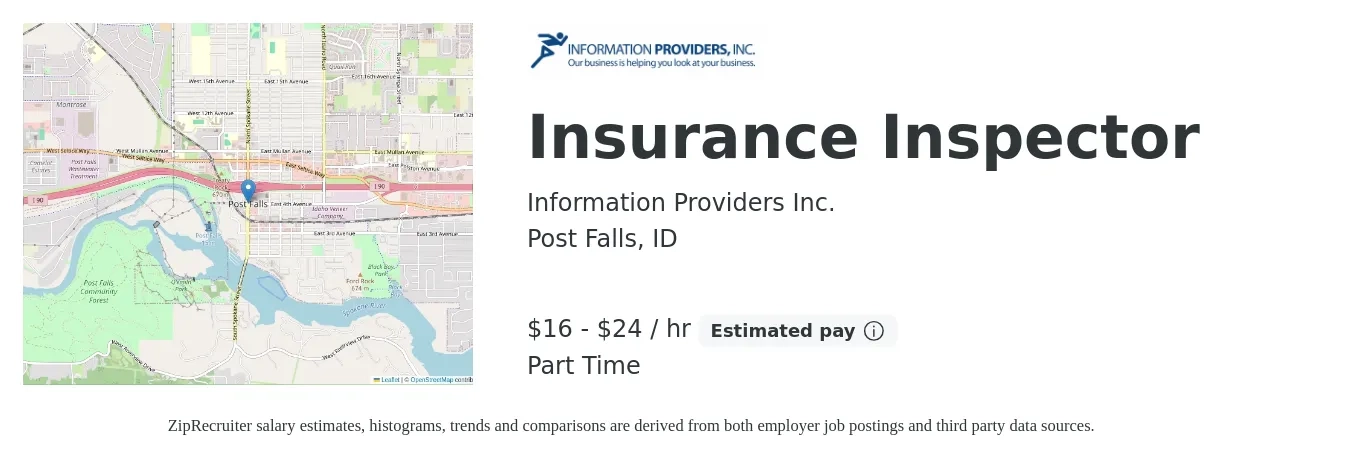 Information Providers Inc. job posting for a Insurance Inspector in Post Falls, ID with a salary of $17 to $25 Hourly with a map of Post Falls location.