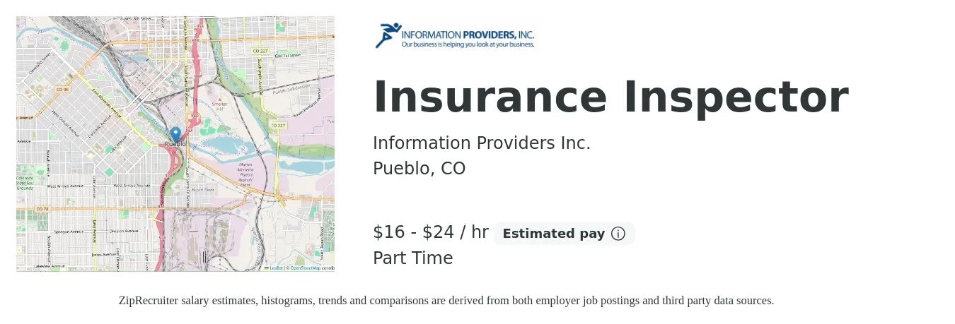 Information Providers Inc. job posting for a Insurance Inspector in Pueblo, CO with a salary of $17 to $25 Hourly with a map of Pueblo location.