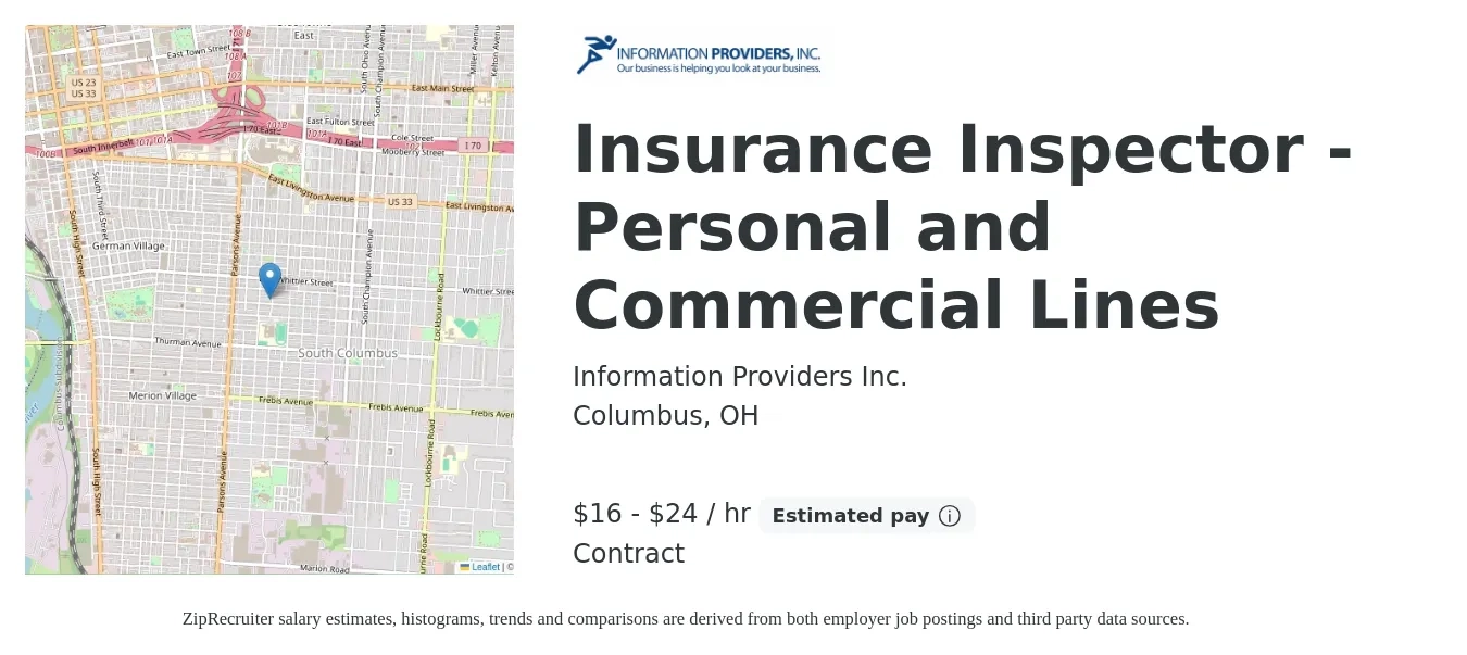 Information Providers Inc. job posting for a Insurance Inspector - Personal and Commercial Lines in Columbus, OH with a salary of $17 to $25 Hourly with a map of Columbus location.